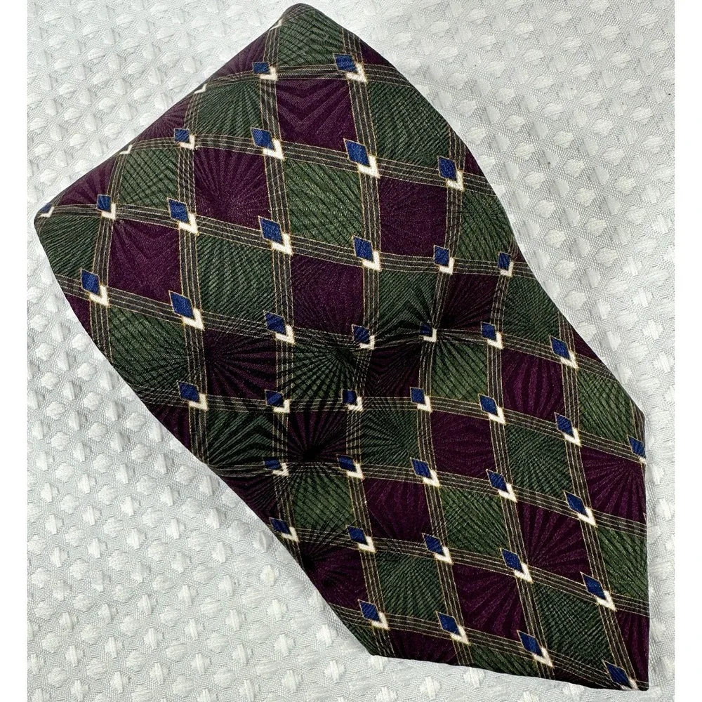 Bill Blass Black Label Silk Tie Green Purple Diamond Plaid 4